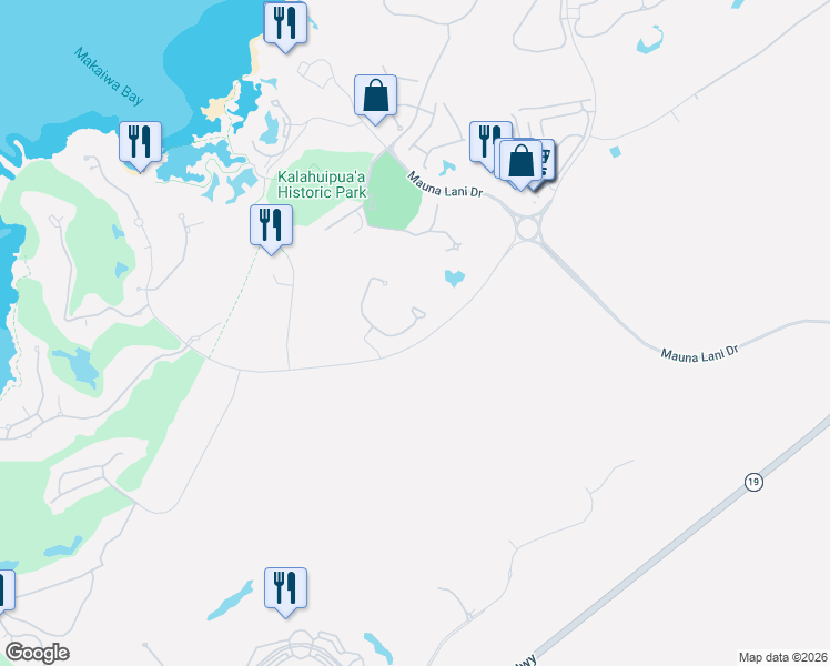 map of restaurants, bars, coffee shops, grocery stores, and more near 68-119 East Pukaua Place in Waimea