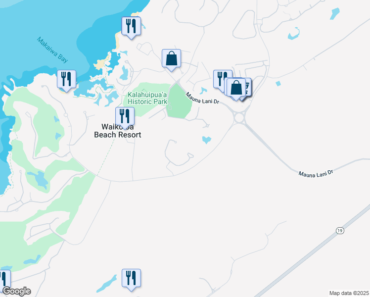 map of restaurants, bars, coffee shops, grocery stores, and more near 68-129 East Pukaua Place in Waimea