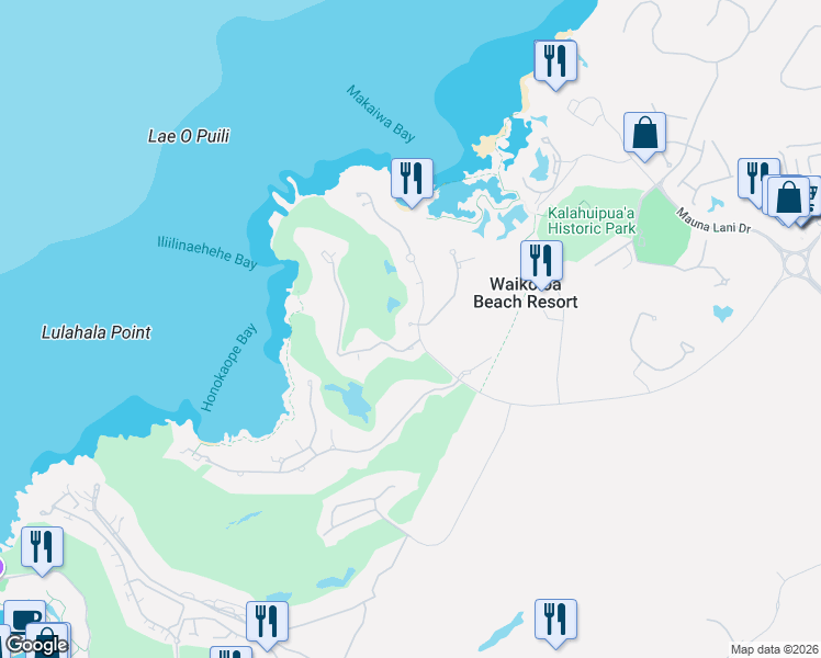 map of restaurants, bars, coffee shops, grocery stores, and more near 68-1004 Papakonane Court in Waimea