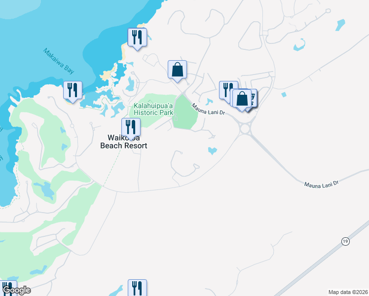 map of restaurants, bars, coffee shops, grocery stores, and more near 68-129 East Pukaua Place in Waimea