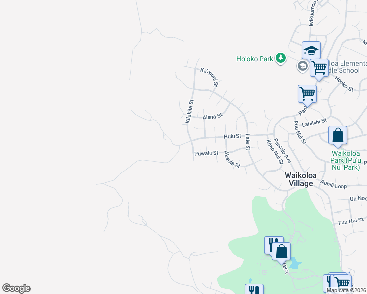 map of restaurants, bars, coffee shops, grocery stores, and more near 68-1694 Hulu Street in Waikoloa Village