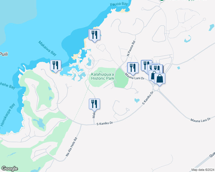 map of restaurants, bars, coffee shops, grocery stores, and more near 68-1376 Pauoa Road in Waimea