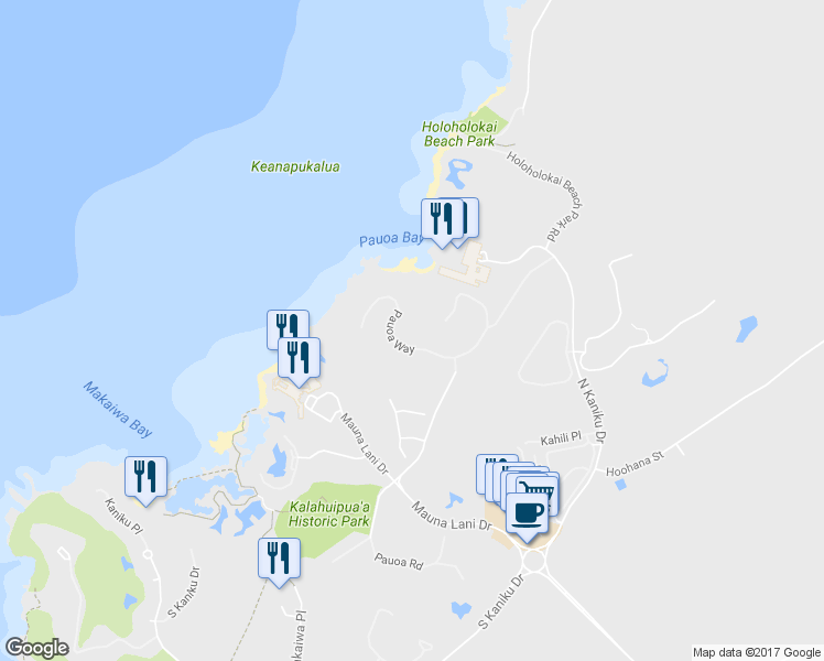 map of restaurants, bars, coffee shops, grocery stores, and more near 68-1065 Pauoa Way in Waimea