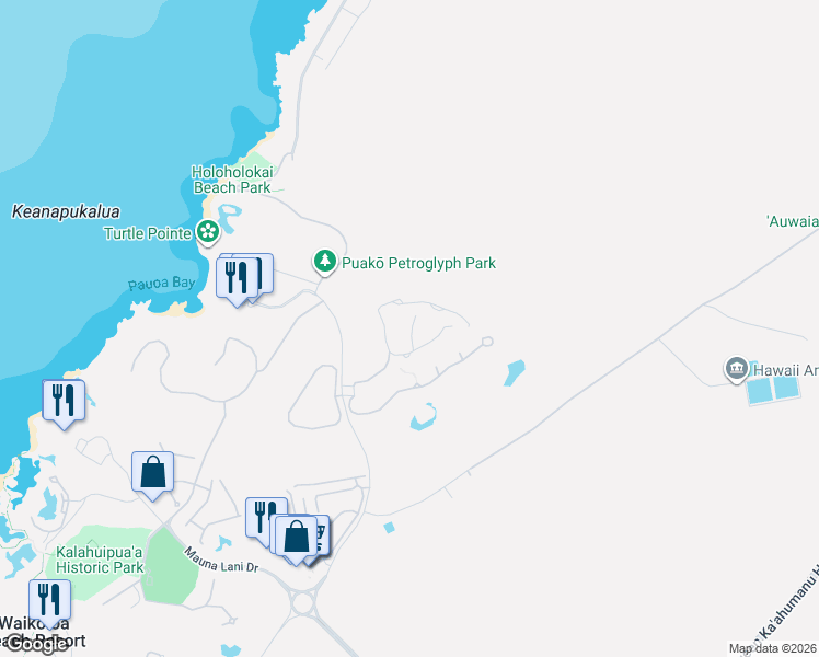 map of restaurants, bars, coffee shops, grocery stores, and more near 68 North Kaniku Drive in Waimea