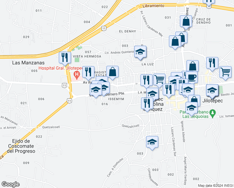 map of restaurants, bars, coffee shops, grocery stores, and more near 118 Vicente Guerrero Poniente in Jilotepec de Molina Enríquez