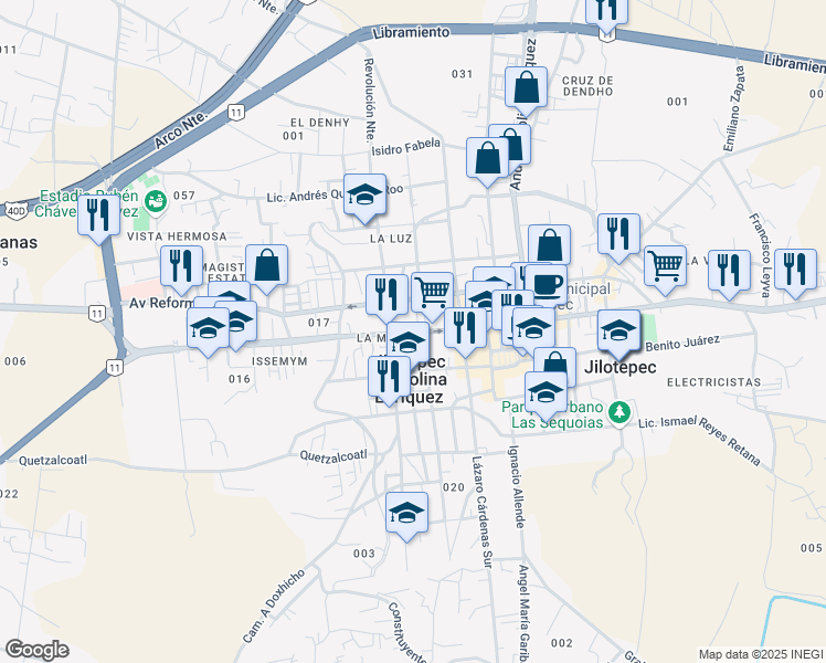 map of restaurants, bars, coffee shops, grocery stores, and more near 118 Vicente Guerrero Poniente in Jilotepec de Molina Enríquez