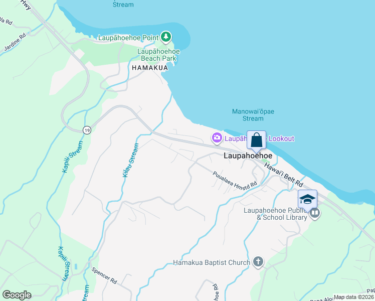 map of restaurants, bars, coffee shops, grocery stores, and more near Kilau Place in Laupahoehoe
