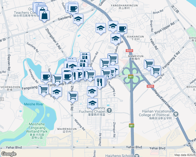 map of restaurants, bars, coffee shops, grocery stores, and more near Feng Xiang Dong Lu in Hai Kou Shi
