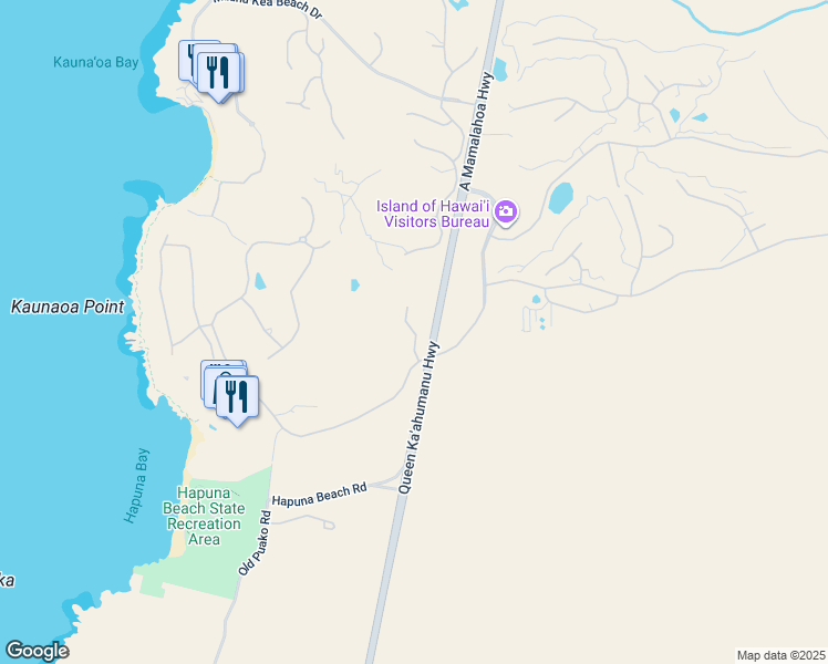 map of restaurants, bars, coffee shops, grocery stores, and more near Kauna'oa Place in Hawaii County