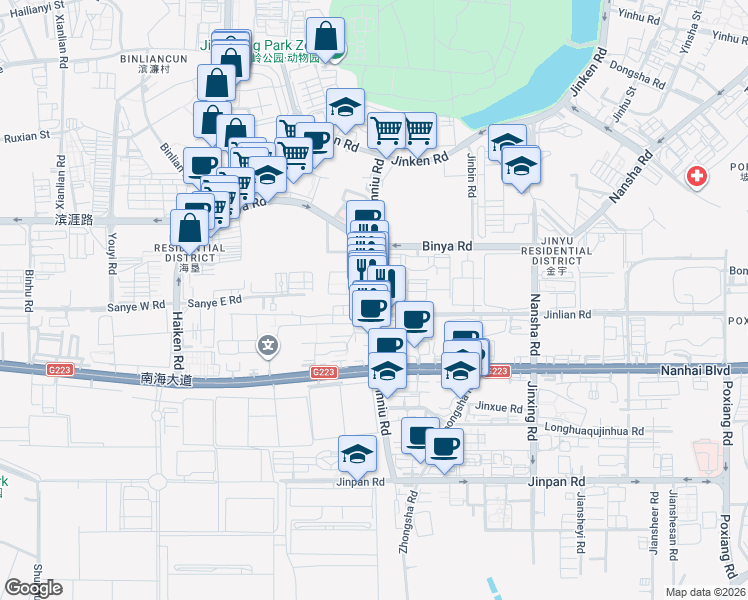 map of restaurants, bars, coffee shops, grocery stores, and more near Jin Niu Lu in Hai Kou Shi