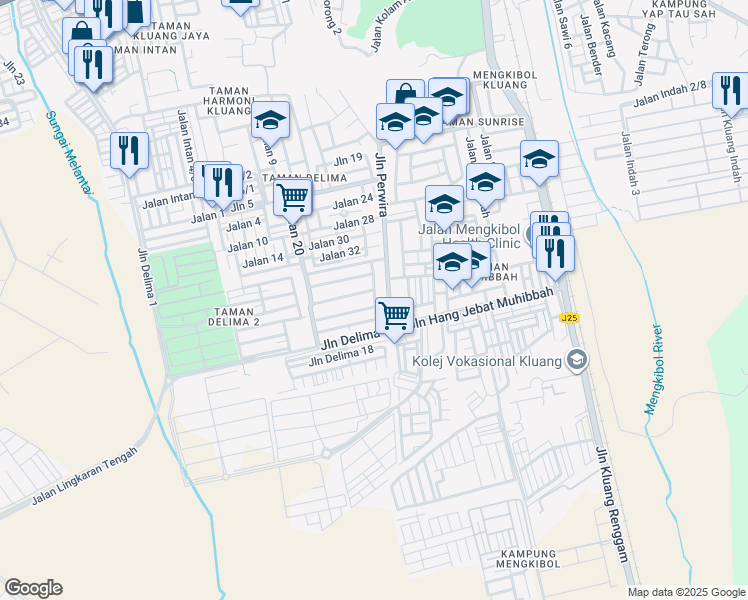 map of restaurants, bars, coffee shops, grocery stores, and more near Jalan Delima 2 in Kluang