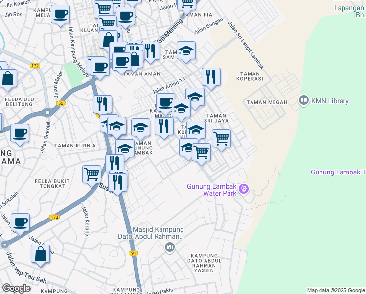 map of restaurants, bars, coffee shops, grocery stores, and more near Jalan Kampung Majid in Kluang