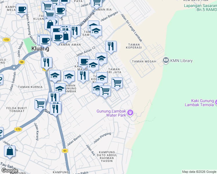 map of restaurants, bars, coffee shops, grocery stores, and more near Jalan Sri Kluang 27 in Kluang