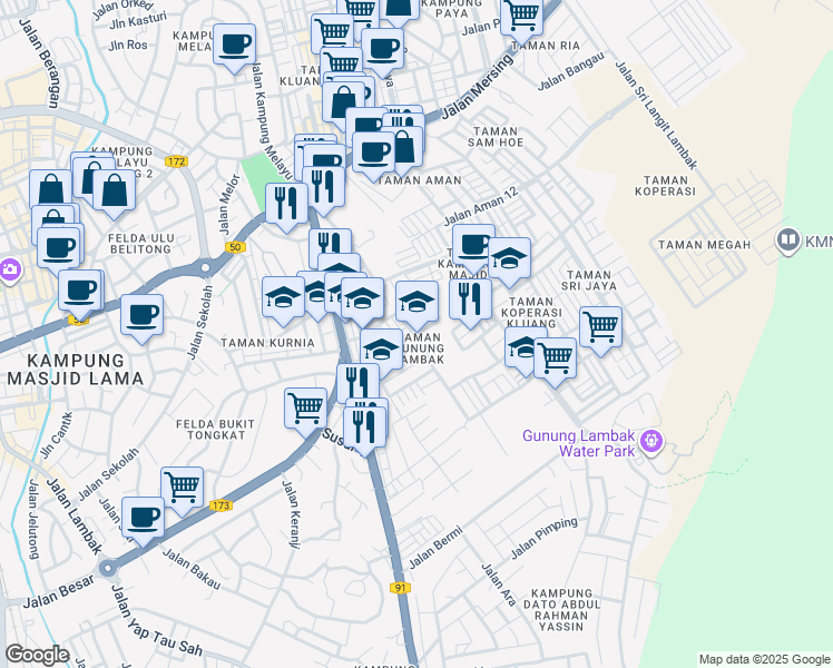 map of restaurants, bars, coffee shops, grocery stores, and more near 18 Jalan Gunung Lambak in Kluang