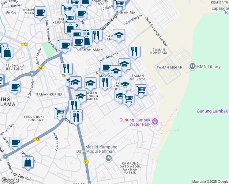 map of restaurants, bars, coffee shops, grocery stores, and more near Jalan Kampung Majid in Kluang