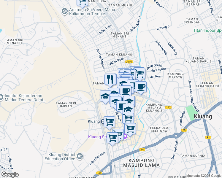 map of restaurants, bars, coffee shops, grocery stores, and more near Jalan Haji Manan in Kluang