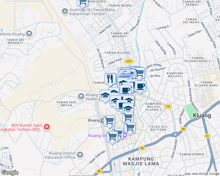 map of restaurants, bars, coffee shops, grocery stores, and more near Jalan Haji Manan in Kluang