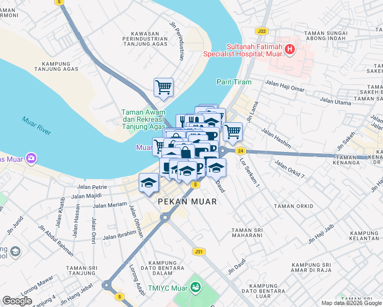 map of restaurants, bars, coffee shops, grocery stores, and more near Jalan Abdullah in Muar