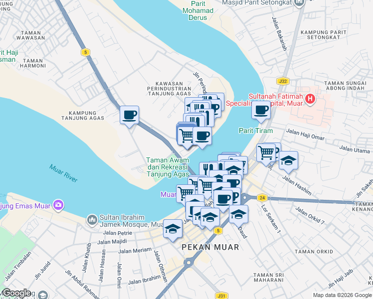 map of restaurants, bars, coffee shops, grocery stores, and more near Jalan Kesang in Muar