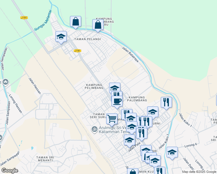 map of restaurants, bars, coffee shops, grocery stores, and more near Jalan Cahaya Pelangi in Kluang