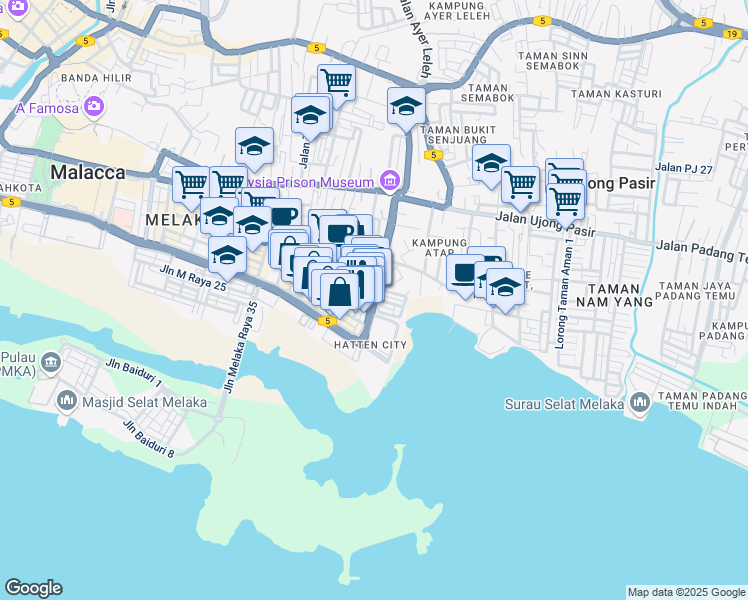 map of restaurants, bars, coffee shops, grocery stores, and more near Jalan Melaka Raya 23 in Malacca