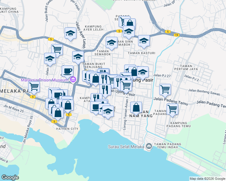 map of restaurants, bars, coffee shops, grocery stores, and more near Jalan Ujong Pasir in Malacca