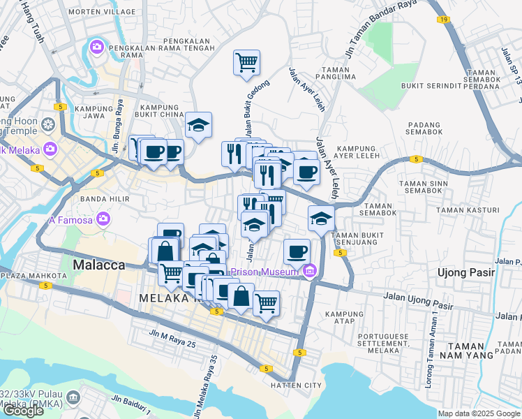 map of restaurants, bars, coffee shops, grocery stores, and more near Jalan Tamby Abdullah in Malacca