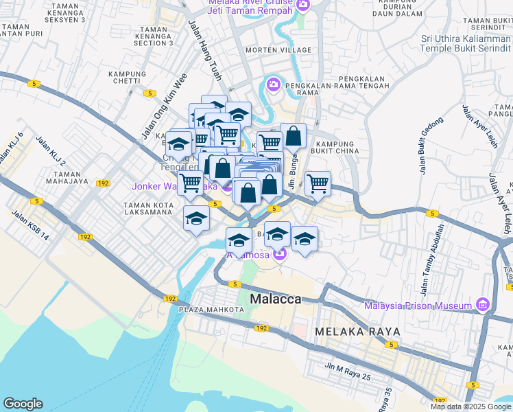 map of restaurants, bars, coffee shops, grocery stores, and more near Lorong Hang Jebat in Malacca