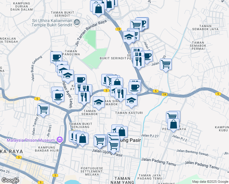 map of restaurants, bars, coffee shops, grocery stores, and more near Jalan Semabok in Melaka