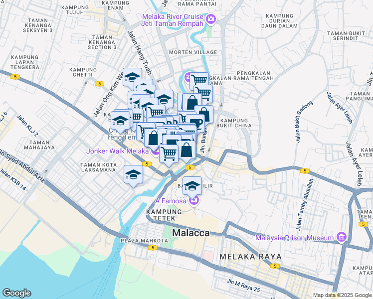 map of restaurants, bars, coffee shops, grocery stores, and more near Jalan Kampung Pantai in Melaka
