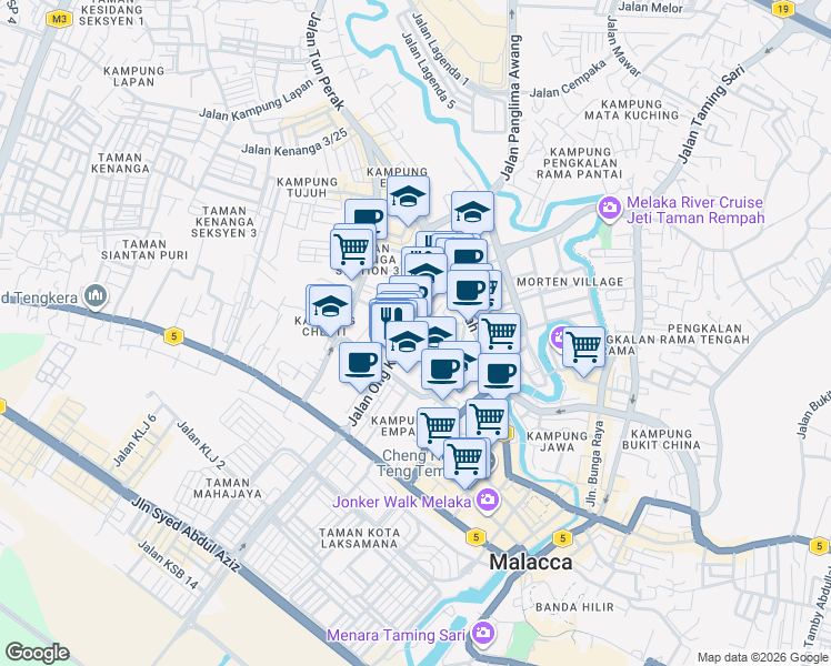 map of restaurants, bars, coffee shops, grocery stores, and more near 431 Jalan Ong Kim Wee in Melaka