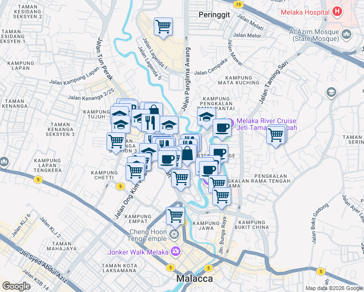 map of restaurants, bars, coffee shops, grocery stores, and more near Jalan Tun Ali in Malacca