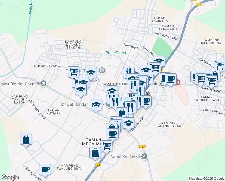 map of restaurants, bars, coffee shops, grocery stores, and more near Jalan Ong Siong in Tangkak
