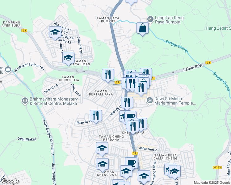 map of restaurants, bars, coffee shops, grocery stores, and more near Jalan Bertam Jaya 9 in Melaka