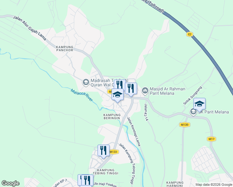 map of restaurants, bars, coffee shops, grocery stores, and more near Jalan Alor Gajah Lama in Durian Tunggal