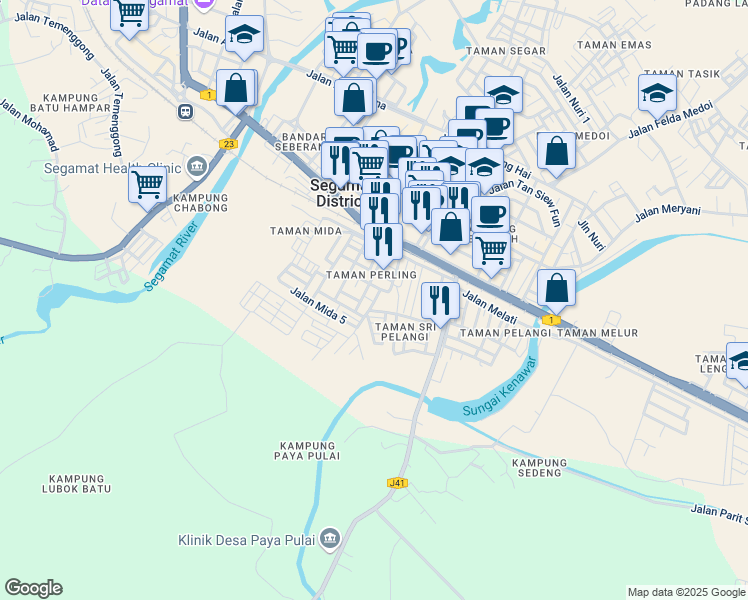 map of restaurants, bars, coffee shops, grocery stores, and more near 7 Jalan Mida 4 in Segamat