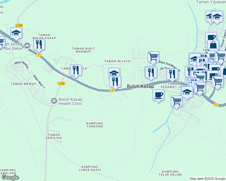 map of restaurants, bars, coffee shops, grocery stores, and more near Jalan Buloh Kasap in Segamat