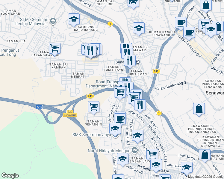 map of restaurants, bars, coffee shops, grocery stores, and more near Jalan Senawang in Seremban