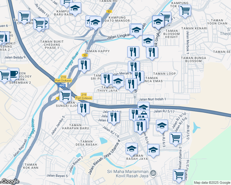 map of restaurants, bars, coffee shops, grocery stores, and more near Jalan Nuri Indah 9 in Seremban