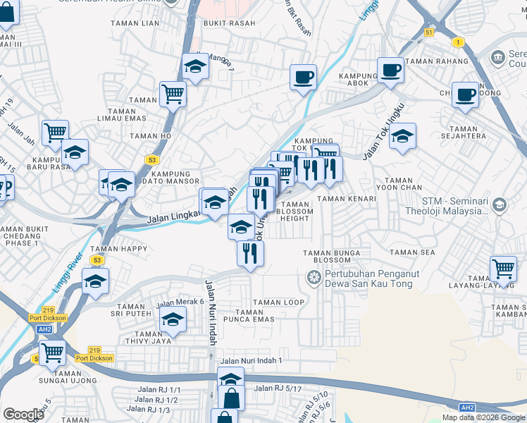 map of restaurants, bars, coffee shops, grocery stores, and more near Jalan Tok Ungku in Seremban