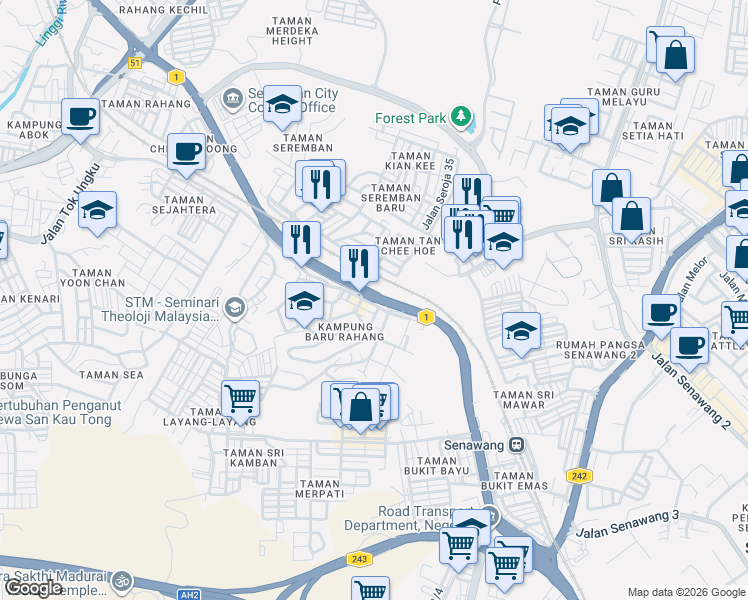 map of restaurants, bars, coffee shops, grocery stores, and more near Jalan Rahang in Seremban