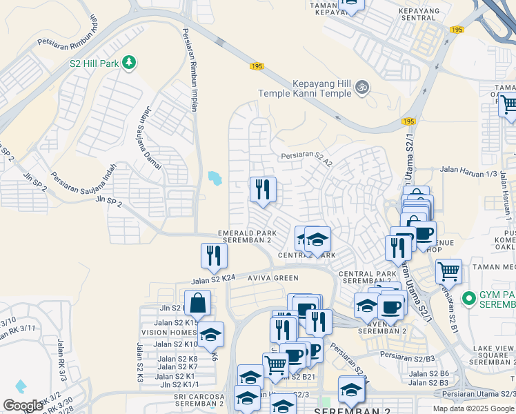 map of restaurants, bars, coffee shops, grocery stores, and more near 852 Jalan S2 A24 in Seremban