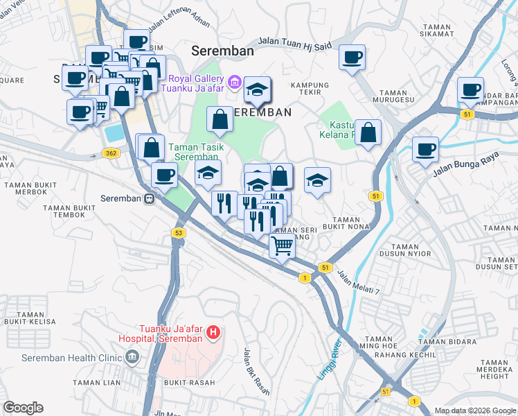 map of restaurants, bars, coffee shops, grocery stores, and more near Jalan Medan Rahang in Seremban
