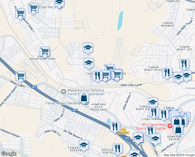 map of restaurants, bars, coffee shops, grocery stores, and more near Jalan Bukit Galena 5 in Seremban