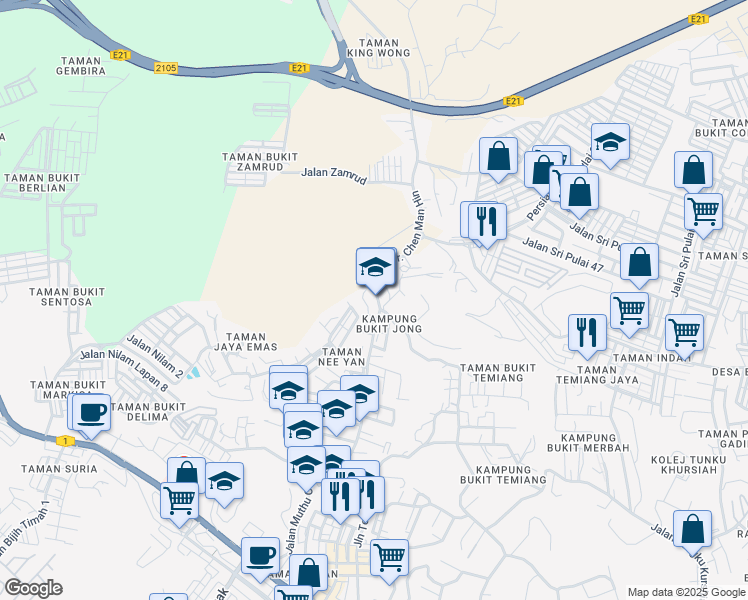 map of restaurants, bars, coffee shops, grocery stores, and more near 736 Jalan Temiang in Seremban