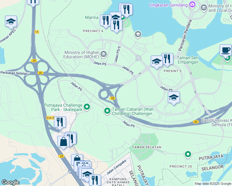 map of restaurants, bars, coffee shops, grocery stores, and more near Exit Persiaran Selatan in Putrajaya