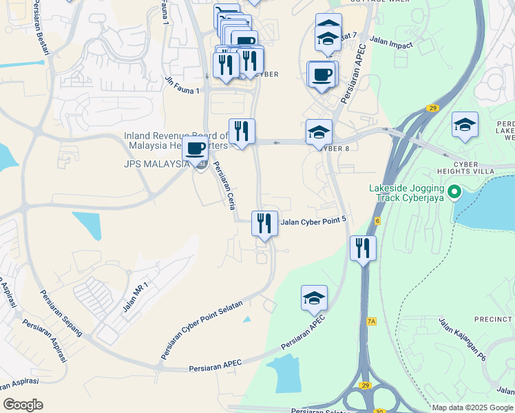 map of restaurants, bars, coffee shops, grocery stores, and more near Persiaran Cyber Point Selatan in Cyberjaya