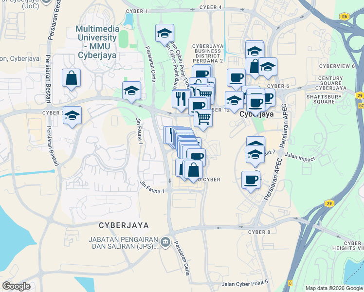 map of restaurants, bars, coffee shops, grocery stores, and more near Jalan Cyber Point 1 in Cyberjaya
