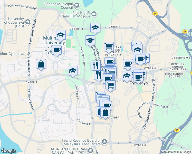 map of restaurants, bars, coffee shops, grocery stores, and more near Lingkaran Cyber Point Barat in Cyberjaya