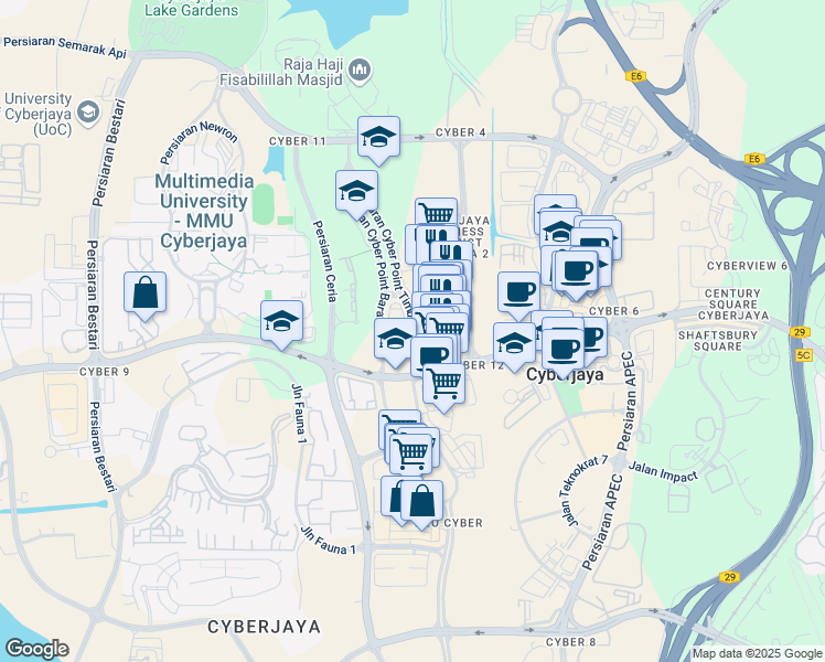 map of restaurants, bars, coffee shops, grocery stores, and more near Lingkaran Cyber Point Timur in Cyberjaya